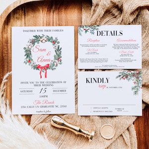 Winter Wedding Invitation Template, Christmas Wedding Invitation Set, Editable Rustic Winter Wedding Invite Suite, RSVP & Details Download