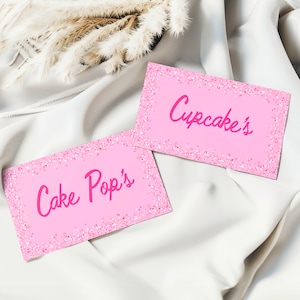 Etiqueta de comida rosa brilhante editável, cartão de aniversário rosa, festa de aniversário de boneca rosa, decoração de festa brilhante, modelo para impressão