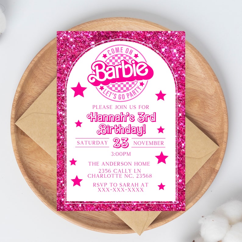 Invitación editable de Barbi, fiesta de cumpleaños de muñeca rosa, fiesta de Barbe, invitación digital de invitación de Barbi, plantilla imprimible imagen 3
