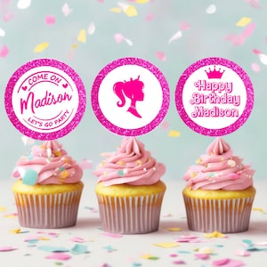 Editable Hot Pink Glitter Fashion Doll Birthday Cupcake Toppers Template, Pink Glitter Party, Instant Download image 1