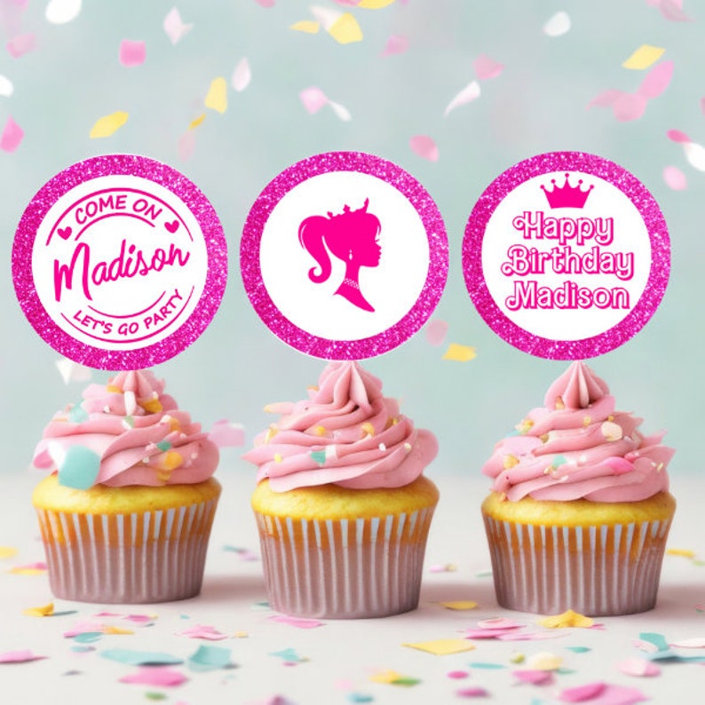 Editable Hot Pink Glitter Fashion Doll Birthday Cupcake Toppers Template, Pink Glitter Party, Instant Download image 1