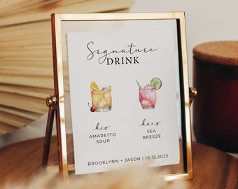 Minimalist Wedding Signature Drink Sign Template, Elegant Signature Cocktail Sign, Modern Script Signature Drink Sign Printable