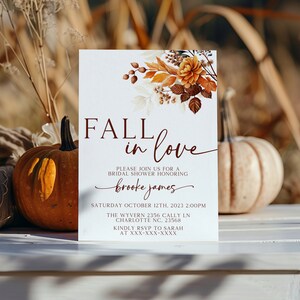 Fall Bridal Shower Invitation, Autumn Bridal Shower Pumpkin Invitation, Fall in Love Invitation, Printable Editable Bridal Shower Invitation