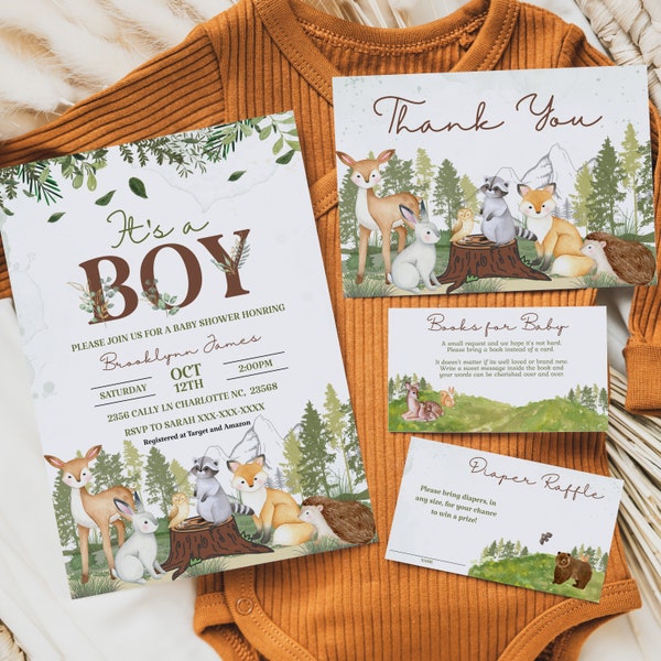 Woodland Baby Shower Invitation Set, EDITABLE Its a boy Pack, Woodland Animals Invitations, Package, Woodland Theme Instant Download