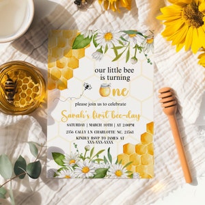 Bee First Birthday Invite First Bee Day Invitation Honey Bee 1st Birthday Invite Sweet To Bee One Invitation Editable Instant Download