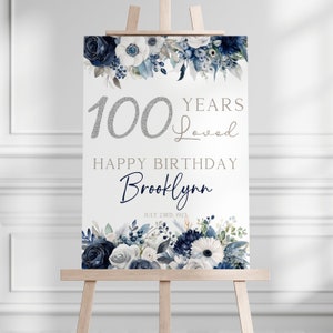 100. Geburtstagsparty Willkommensschild, Marine-Blumen-Geburtstagsfeier-Willkommensplakat, Dekorationen zum 100. Geburtstag, 100 Jahre geliebt