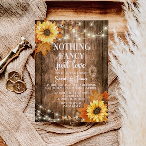 Faire-part de tournesol rustique rien de fantaisie juste amour, faire-part de réception de mariage d'automne rustique modifiable, mariage de tournesol