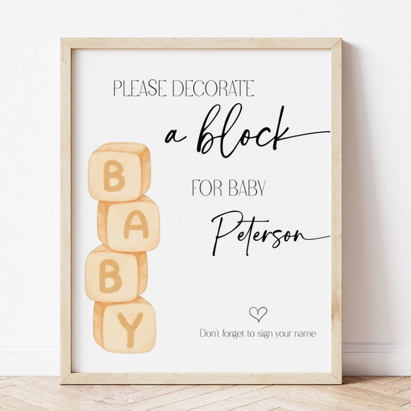 Decorate a Baby Block Sign, Minimalist Baby Shower, Activity, Editable Template, Printable, Instant Download