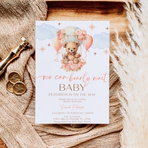 Editable Brown Bear Balloon Baby Shower Invitation, We Can Bearly Wait Baby Shower Invite, Pink Boho Bear Girl Baby Shower