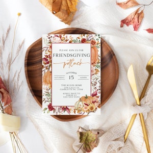 May include: A Friendsgiving potluck invitation with a watercolor design featuring pumpkins, fall leaves, and flowers. The invitation includes the date, time, and location of the event. It also includes a request to RSVP to Sarah at the phone number provided.