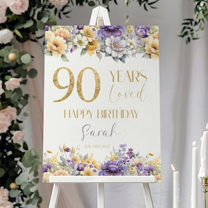 90er Geburtstag Willkommensschild, Lila Blumen-Geburtstagsfeier Willkommensschild, Dekorationen zum 90er Geburtstag, 90 Jahre geliebt