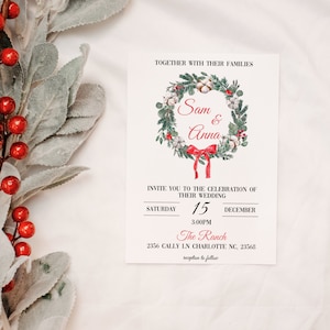 Christmas Wedding Invitation, Winter Wedding Invitation, Editable Rustic Winter Wedding Invite, Christmas Wreath Wedding Invitation