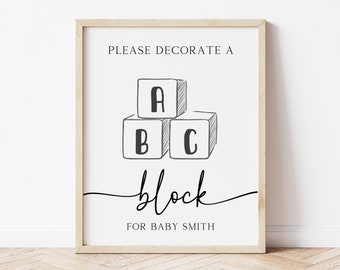 Decorate a Baby Block Sign, Minimalist Baby Shower, Activity, Editable Template, Printable, Instant Download