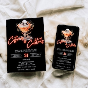 Halloween Costumes and Cocktails Invitation Editable Template, Adult Halloween Party Invite Digital Invitations, Neon Halloween eCard Evite