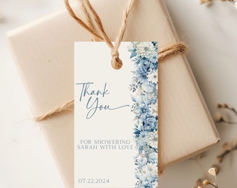 Etiqueta de agradecimiento floral vintage, plantilla de etiqueta de recuerdo azul empolvado, etiqueta de recuerdo de boda, etiqueta floral para despedida de soltera, descarga instantánea