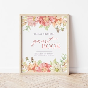 Sinal floral do livro de visitas, assine nosso livro de visitas, sinal floral do livro de visitas do aniversário, sinal imprimível do livro de visitas