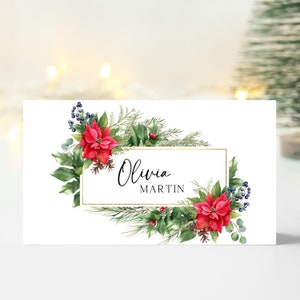 Cartões de lugar minimalistas de Natal, modelos de cartão de lugar de casamento, modelo de cartão de lugar moderno, cartão de nome imprimível, cartão de comida editável
