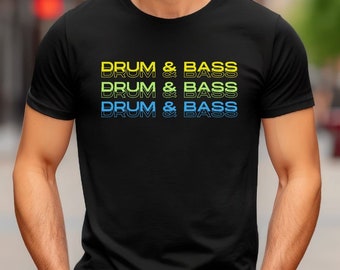 May include: Black t-shirt with the text "Drum & Bass" repeated four times in a gradient of yellow, green, and blue.