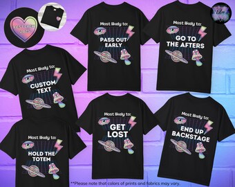 May include: Black graphic t-shirts with various designs, including text like "Pass Out Early," "Go to the Afters," and "Custom Text." Each shirt features a unique design with an eye, planet, mushroom, and lightning bolt.