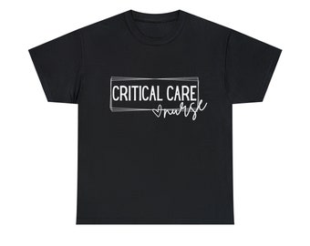 May include: Black t-shirt with white text that reads "CRITICAL CARE nurse" with a heart symbol before the word "nurse".