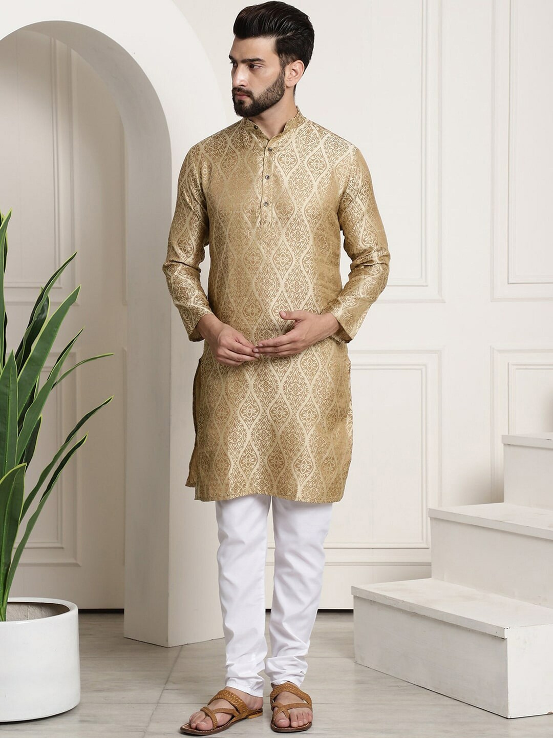Men’s Beige Ethnic Motifs Woven Kurta Set with Churidar – Traditional Elegance