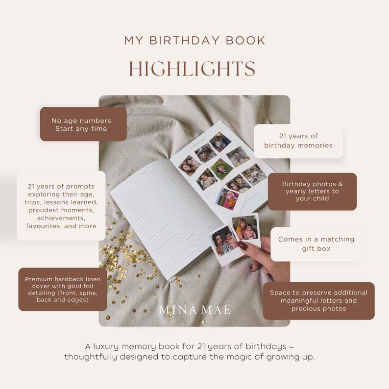 Puede incluir: Un libro de recuerdos de tapa dura de lino con detalles de pan de oro, abierto para mostrar fotos. El libro, titulado "My Birthday Book", incluye indicaciones, espacio para fotos y cartas. El texto dice "21 a&ntilde;os de recuerdos de cumplea&ntilde;os".