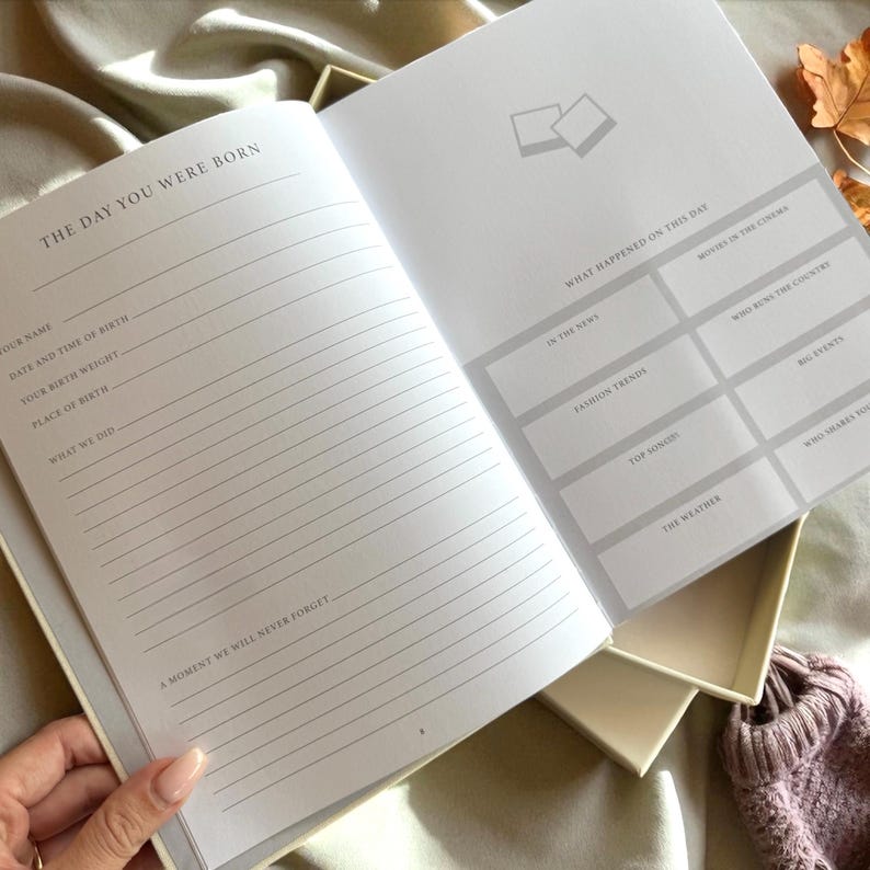 Puede incluir: Diario abierto de color crema con el texto "THE DAY YOU WERE BORN". El diario tiene p&aacute;ginas rayadas para registrar detalles personales y recuerdos. Se presenta en una caja de color crema.