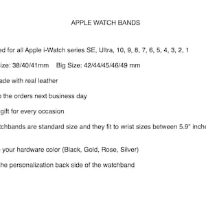 May include: Text on a white background that reads "APPLE WATCH BANDS".  The text below describes the bands as being designed for all Apple i-Watch series SE, Ultra, 10, 9, 8, 7, 6, 5, 4, 3, 2, 1.  The text also states that the bands are handmade with real leather and are available in small and large sizes.