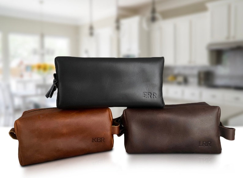 Personalized Leather Dopp Kit Groomsmen Gift for Him Third Anniversary