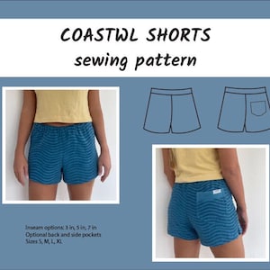 Pode incluir: Um molde de costura para COASTWL SHORTS em tecido azul texturizado com padrão ondulado. A imagem inclui vistas frontal e traseira dos shorts, desenhos de linha e texto listando opções de entrepernas de 3, 5, 7 polegadas e tamanhos S, M, L, XL.