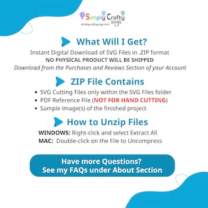May include: A digital download of SVG files for crafting projects. The image shows a blue and white graphic with the text "What Will I Get?" and "ZIP File Contains". The text explains that the download includes SVG cutting files, a PDF reference file, and a sample image.