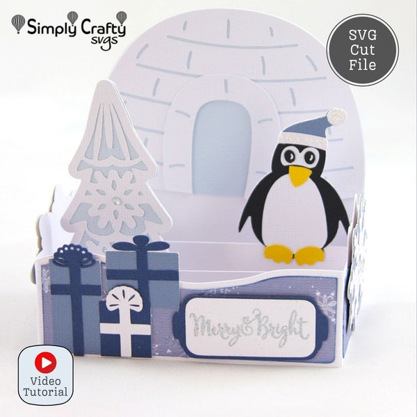 Penguin Christmas Box Card SVG. DIY Christmas Card with Penguin and Igloo. Penguin Card Cutting File.