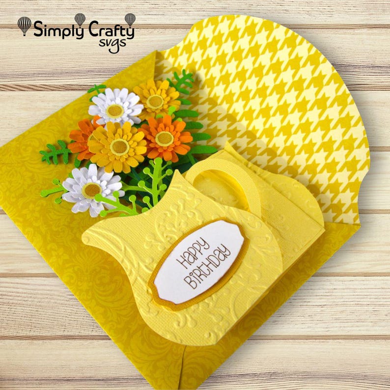 Krug mit Blumen SVG. Flower Box Karte schneiden Datei. Blumenkarte SVG-Schnittdatei. DIY Blumen Karte zum Geburtstag oder Muttertag. Bild 3