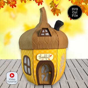 Casa autunnale in formato SVG 3D. Casa ghianda in formato SVG 3D per Cricut o Silhouette. Modello di taglio fai da te per la casa del Ringraziamento. Luminaria del Ringraziamento.