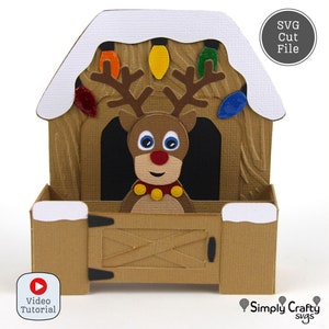 Cartão de caixa estável de renas SVG. Cartão de Natal de rena SVG. Arquivo de corte de cartão de Natal de rena DIY para Cricut ou Silhueta.