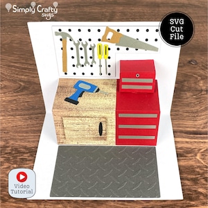 Garage atelier carte popup SVG. Carte pop-up DIY pour la fête des pères avec outils pour bricoleur. Modèle de carte de voeux d'outils de bricoleur.