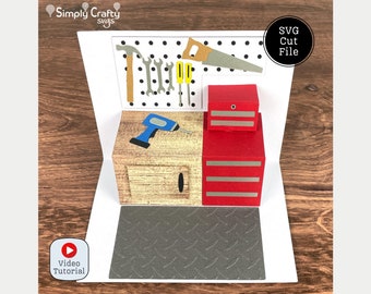 Garage Workshop Popup Card SVG. DIY Father's Day Popup Card with Handyman Tools. Handyman Tools Greeting Card Template.