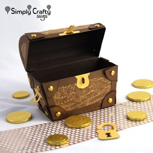 May include: A brown paper treasure chest with gold accents and a gold lock. The chest is open and there are gold coins scattered around it.