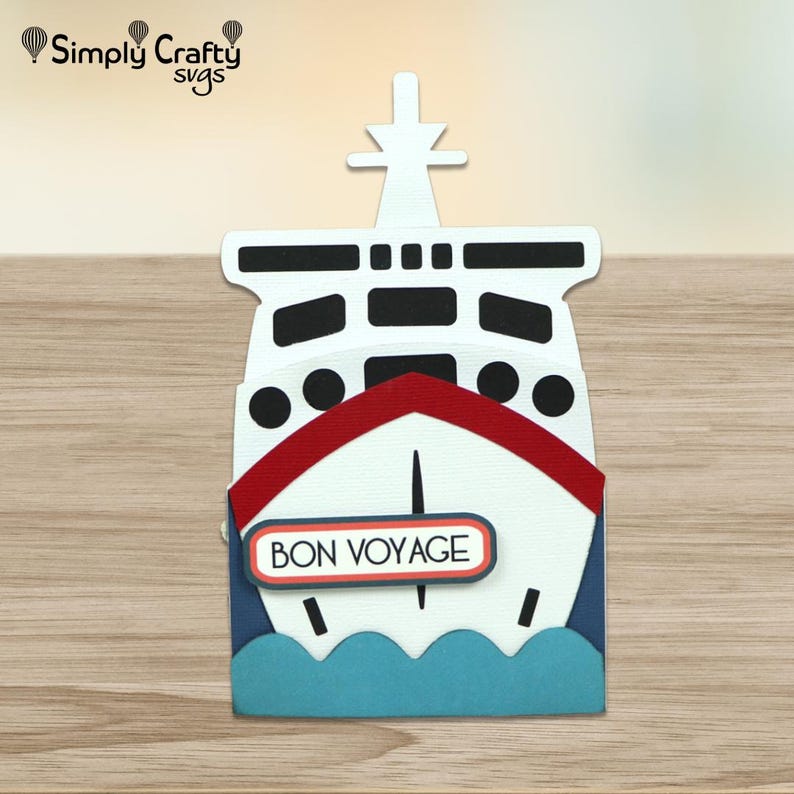 May include: A papercraft cruise ship in white, red, and blue, featuring the text "BON VOYAGE" on a sign. The ship has black windows and a white superstructure. The design includes blue waves at the bottom and a mast.