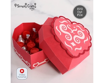 Scatola a forma di cuore 3D in formato SVG. Scatola a forma di cuore arrotondato in formato SVG, file di taglio per macchine Cricut e Silhouette. Scatola regalo a forma di cuore per San Valentino con pannelli decorativi.