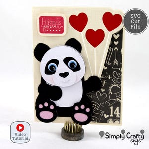 Panda avec coeurs carte SVG. Carte de Saint-Valentin Panda fichier coupe SVG pour Cricut ou Silhouette.  Carte panda facile et mignonne SVG.