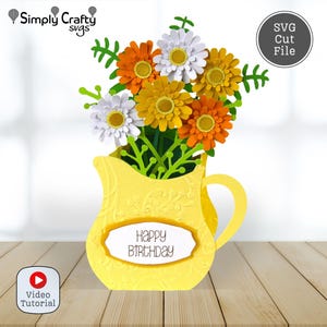 Pitcher of Flowers Card SVG. Flower Box Card Cutting File. Floral Card SVG Cutting File. DIY Floral Card for Birthday or Mother&#39;s Day.