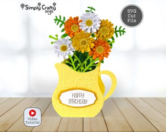 Pitcher of Flowers Card SVG. Flower Box Card Cutting File. Floral Card SVG Cutting File. DIY Floral Card for Birthday or Mother's Day.
