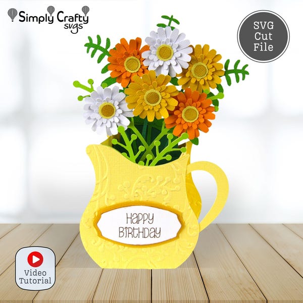 Pitcher of Flowers Card SVG. Flower Box Card Cutting File. Floral Card SVG Cutting File. DIY Floral Card for Birthday or Mother's Day.