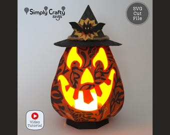 3D Pumpkin SVG with Witch's Hat. Witchy Pumpkin SVG Cutting File for Cricut or Silhouette. Jack-0-Lantern Papercraft.