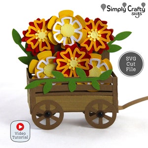 Wagon de fleurs carte SVG. Fichier de découpe pour carte de boîte de fleurs DIY. Modèle de carte de fleurs de printemps pour Cricut ou Silhouette.