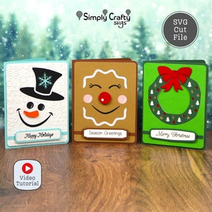 Pacote SVG de cartão de Natal em camadas. Arquivos fáceis de corte de cartão de Natal. Cartão de boneco de neve, cartão de gengibre e cartão de guirlanda. Conjunto de cartões de Natal.