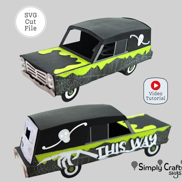 Haunted Hearse SVG. 3D Halloween SVG. 3D Paper Halloween Car. 3D Hearse Papercraft. DIY Halloween Gift Box.