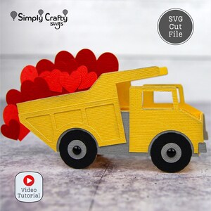 Tarjeta SVG de camión volquete. Tarjeta de caja de camión volquete de corazones Archivo de corte SVG. Tarjeta de camión volquete para el Día de San Valentín DIY para Cricut o Silhouette.