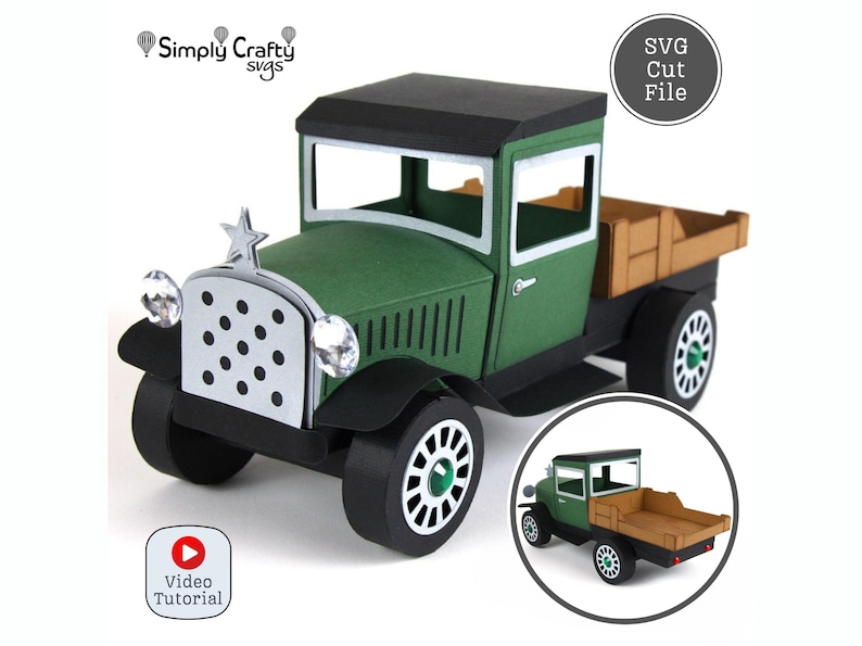 fichier SVG vintage de camion à plat. Camion 3D SVG. Modèle de camion 3D. Créations 3D de camions en papier. Modèle de boîte en papier de camion pour Cricut ou Silhouette. image 1